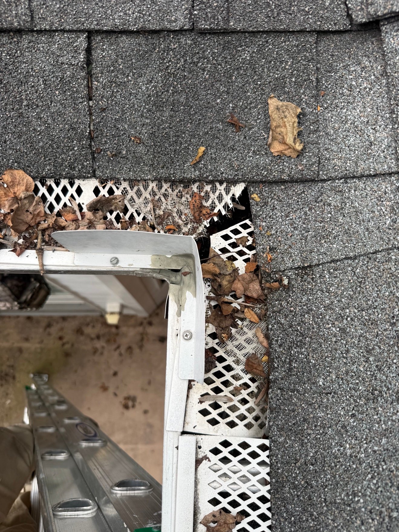 Clogged gutter corner before service